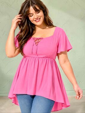 Torrid Pink Challis Babydoll Lace Up Hi Low Tunic Top Plus Size 0 XL NWT